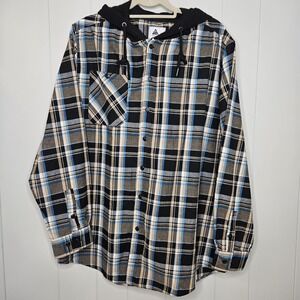 Design In Germany Flannel Hoodie Large Turquoise/Black/Tan/White Shirt Button Up